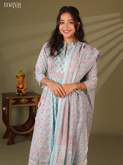 Blue Cotton 3Pc Salwar Suit with Floral Print - Top, Bottom & Dupatta - Shop on Shrus.com