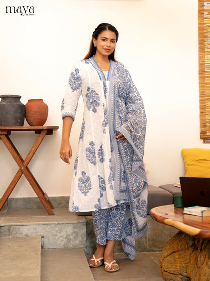White Cotton 3Pc Salwar Suit Floral Print - Top, Bottom & Dupatta - Shop on Shrus.com