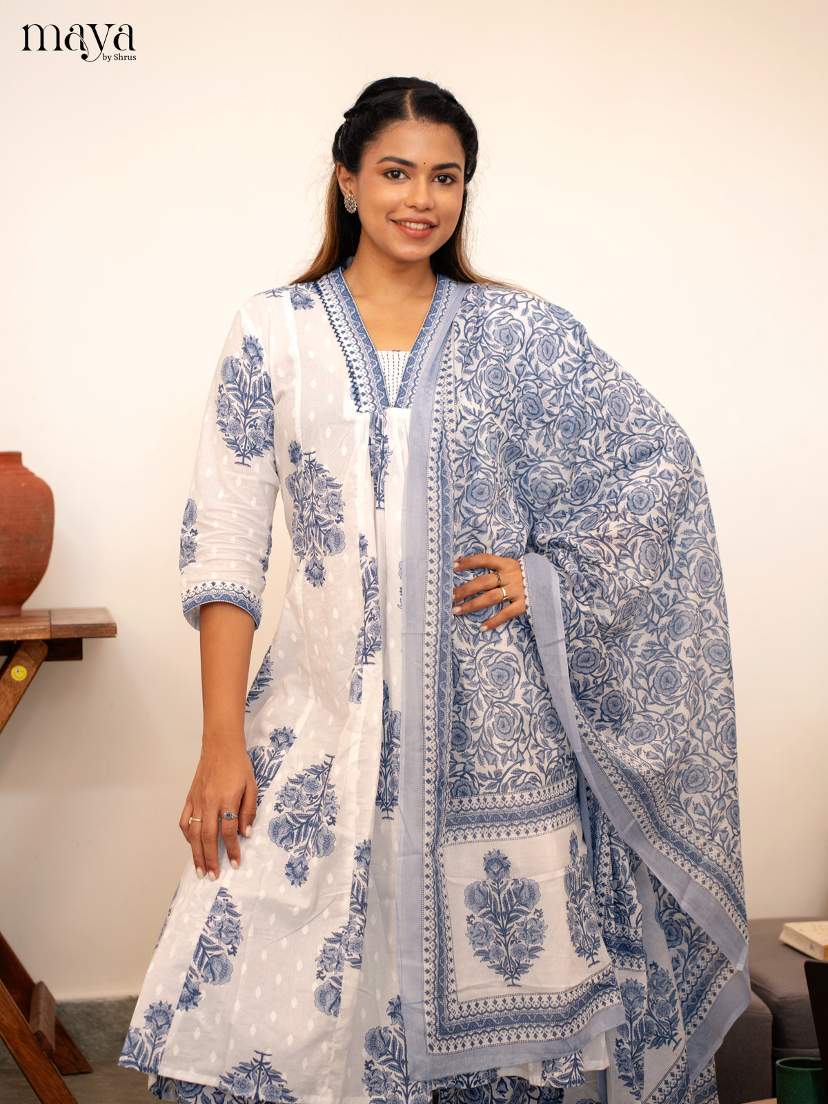 White Cotton 3Pc Salwar Suit Floral Print - Top, Bottom & Dupatta - Shop on Shrus.com