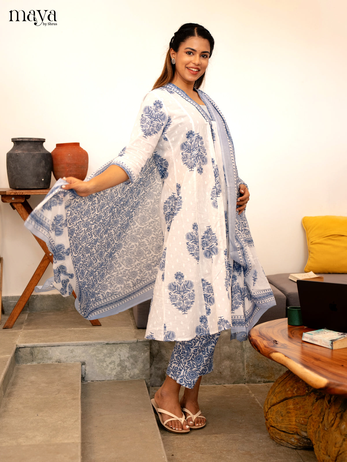White Cotton 3Pc Salwar Suit Floral Print - Top, Bottom & Dupatta - Shop on Shrus.com