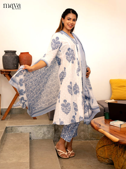 White Cotton 3Pc Salwar Suit Floral Print - Top, Bottom & Dupatta - Shop on Shrus.com