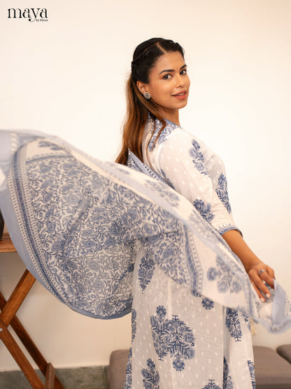 White Cotton 3Pc Salwar Suit Floral Print - Top, Bottom & Dupatta - Shop on Shrus.com