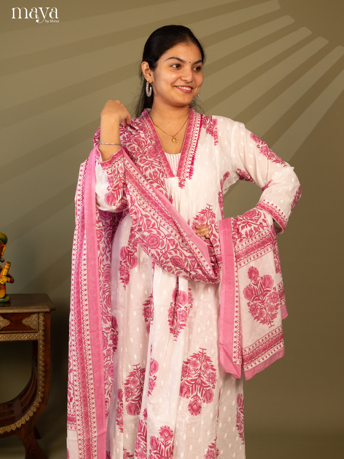 White Cotton 3Pc Salwar Suit Floral Print - Top, Bottom & Dupatta - Shop on Shrus.com