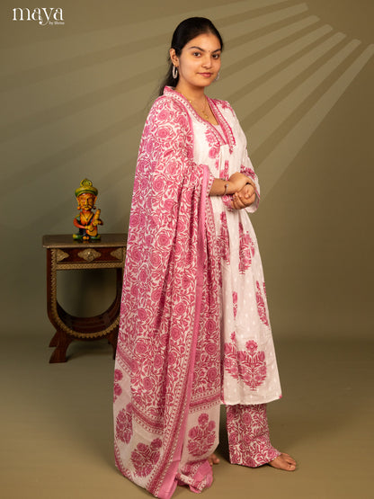 White Cotton 3Pc Salwar Suit Floral Print - Top, Bottom & Dupatta - Shop on Shrus.com