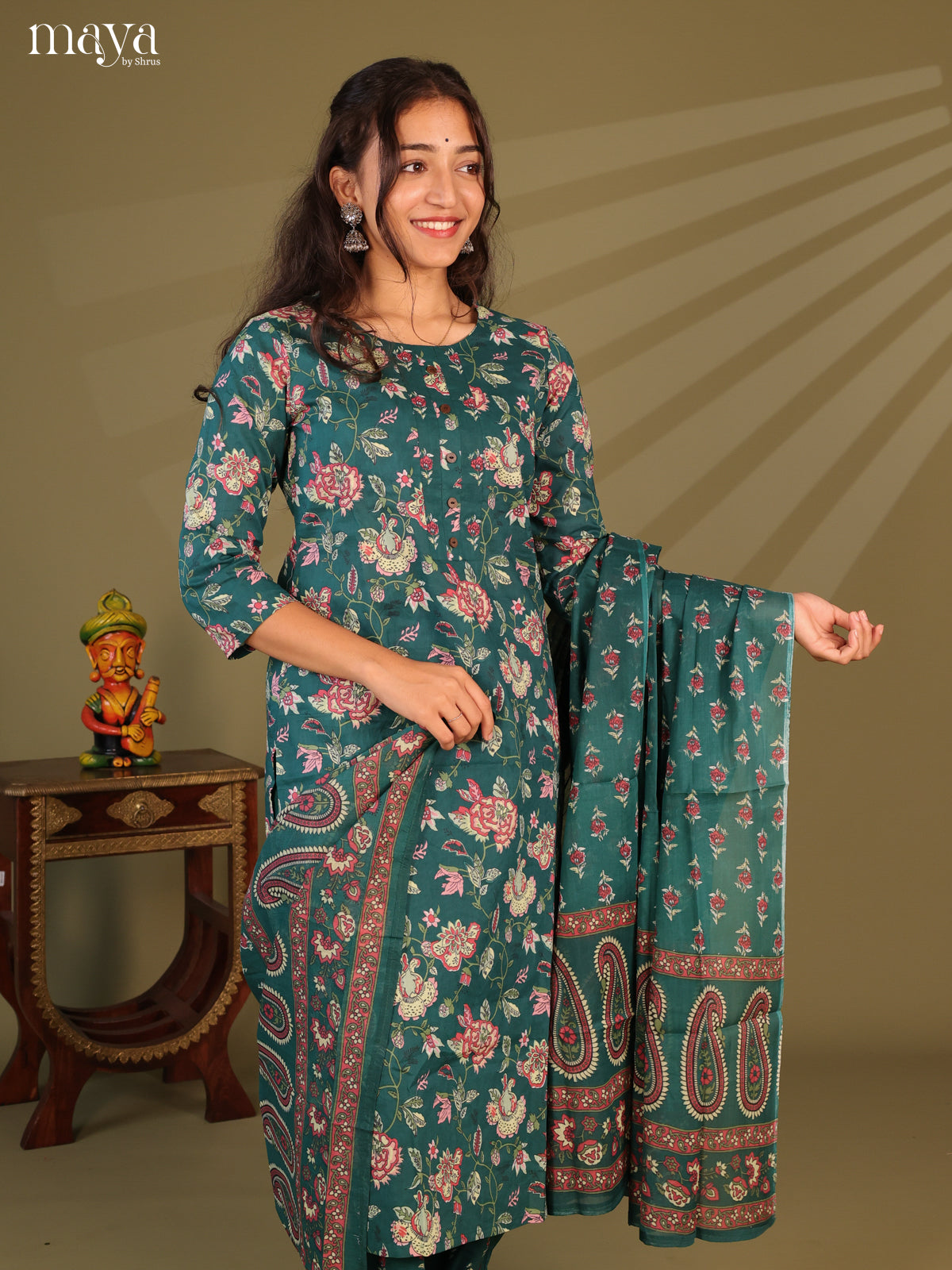 Green Cotton 3Pc Salwar Suit with Floral Print - Top, Bottom & Dupatta - Shop on Shrus.com