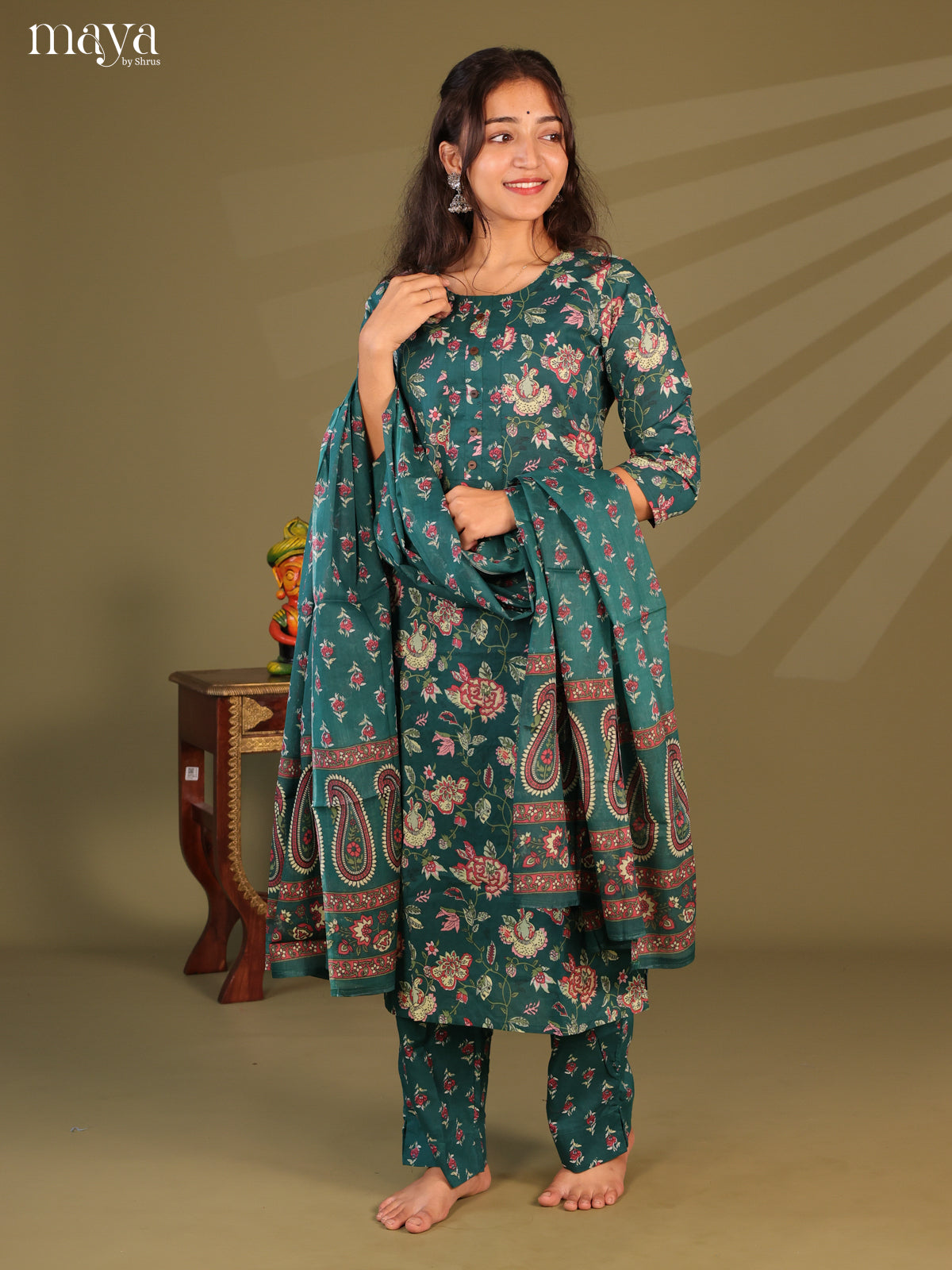 Green Cotton 3Pc Salwar Suit with Floral Print - Top, Bottom & Dupatta - Shop on Shrus.com