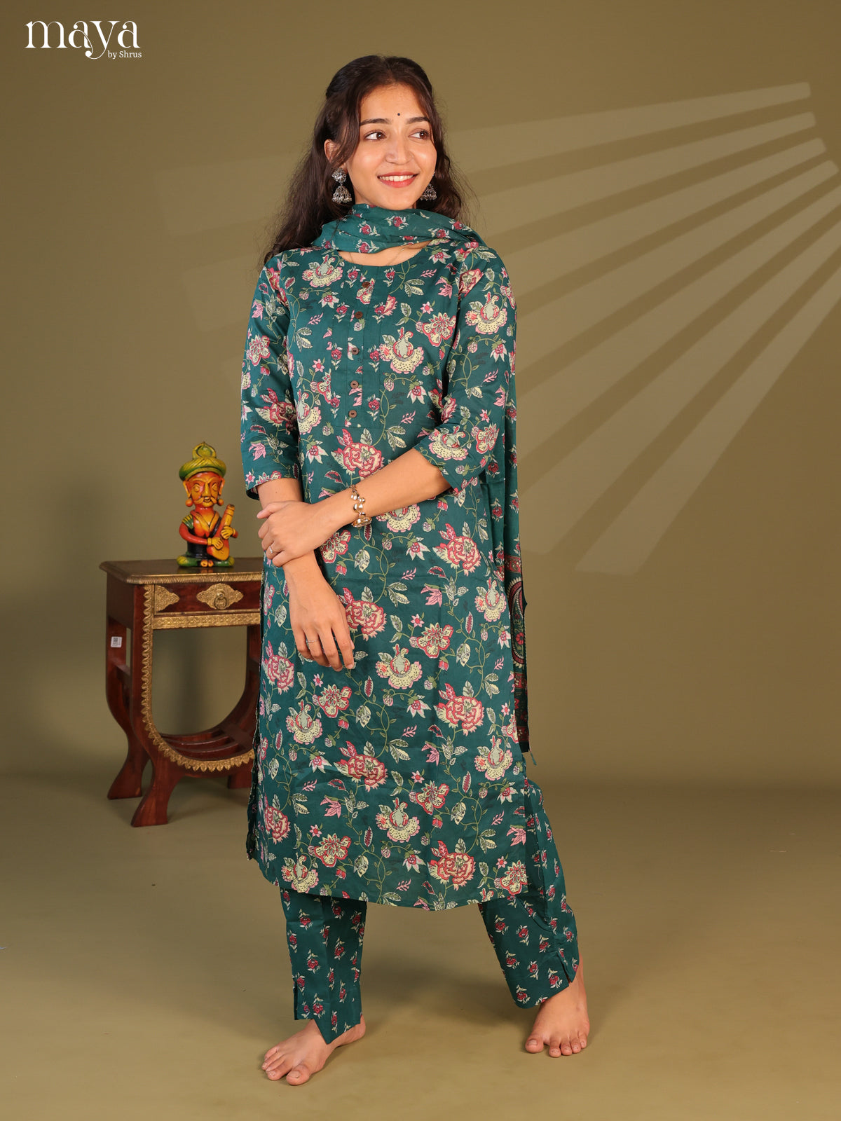 Green Cotton 3Pc Salwar Suit with Floral Print - Top, Bottom & Dupatta - Shop on Shrus.com