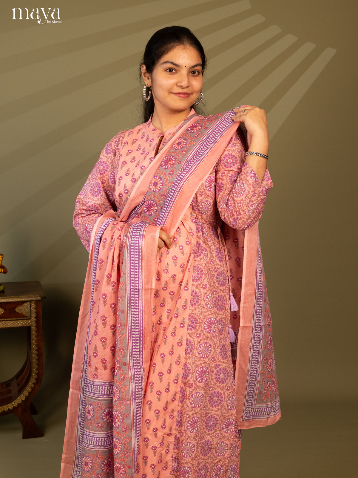 Peach Cotton 3Pc Salwar Suit with Floral Print - Top, Bottom & Dupatta - Shop on Shrus.com