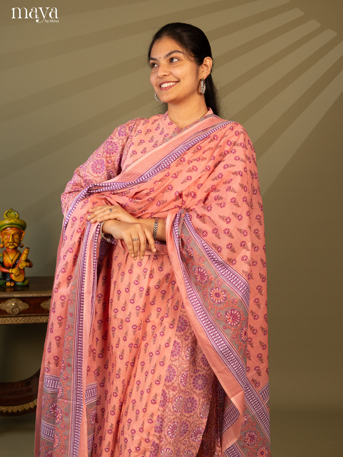 Peach Cotton 3Pc Salwar Suit with Floral Print - Top, Bottom & Dupatta - Shop on Shrus.com