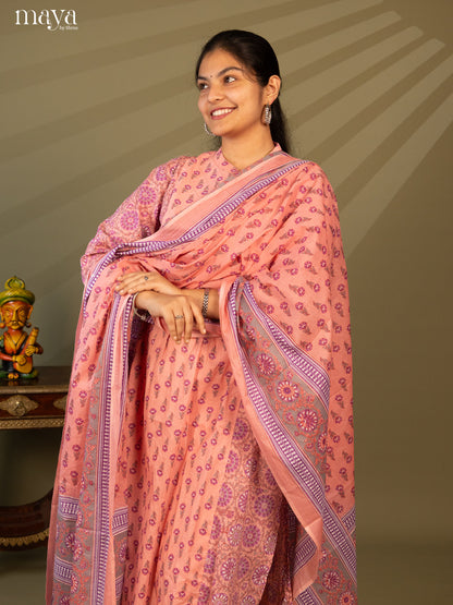 Peach Cotton 3Pc Salwar Suit with Floral Print - Top, Bottom & Dupatta - Shop on Shrus.com