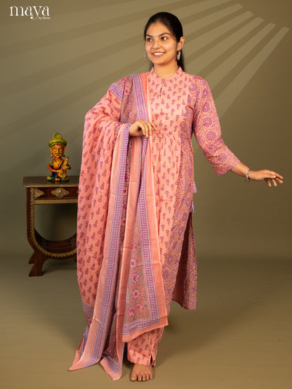 Peach Cotton 3Pc Salwar Suit with Floral Print - Top, Bottom & Dupatta - Shop on Shrus.com