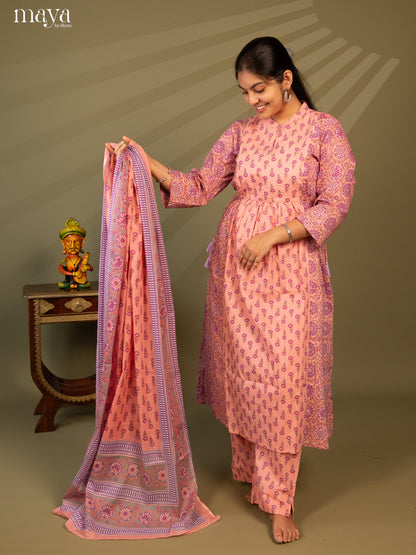 Peach Cotton 3Pc Salwar Suit with Floral Print - Top, Bottom & Dupatta - Shop on Shrus.com