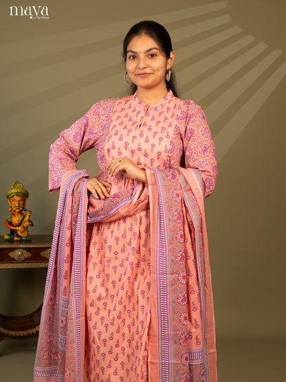 Peach Cotton 3Pc Salwar Suit with Floral Print - Top, Bottom & Dupatta - Shop on Shrus.com