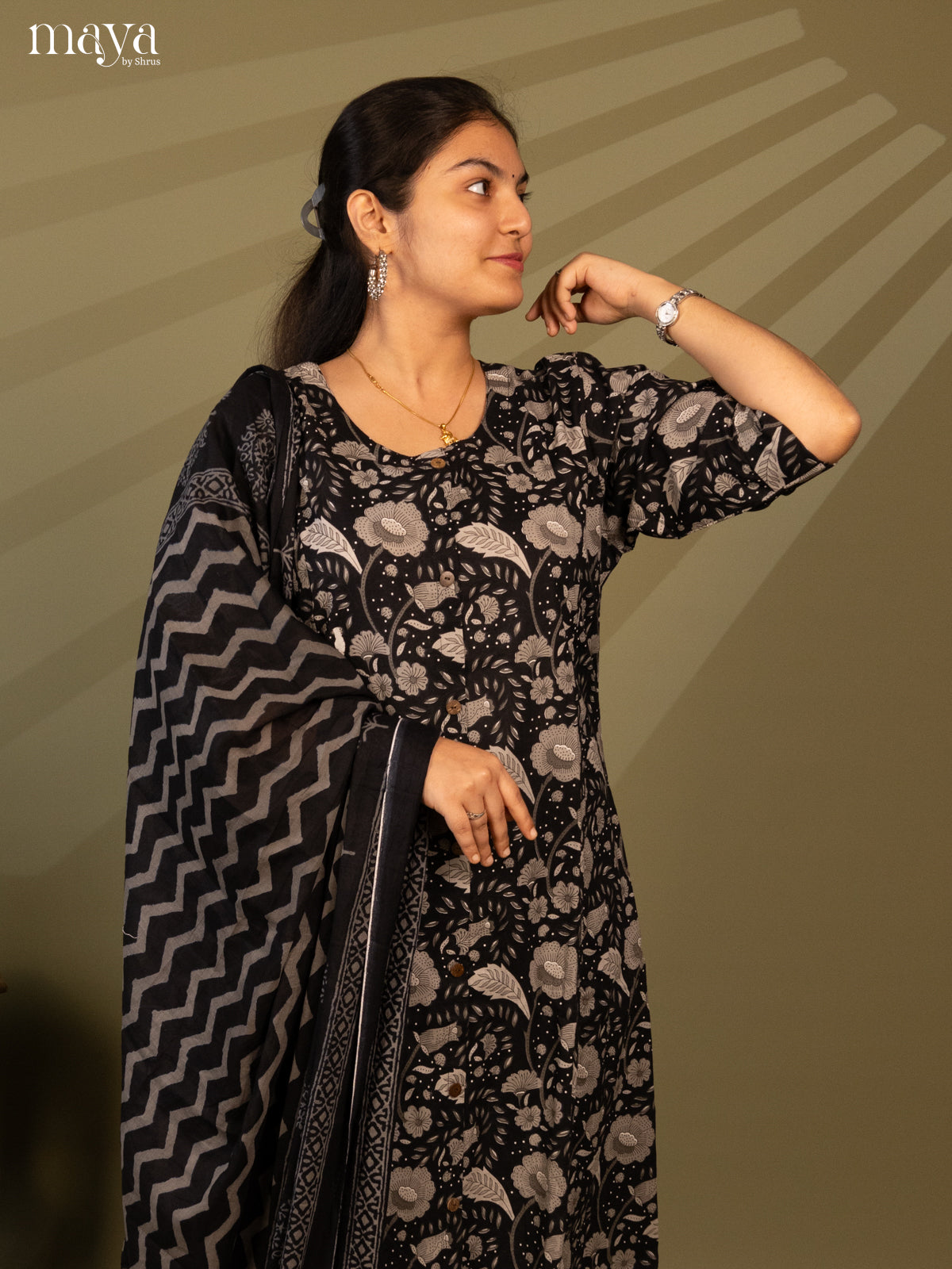 Black Cotton 3Pc Salwar Suit with Floral Print - Top, Bottom & Dupatta - Shop on Shrus.com