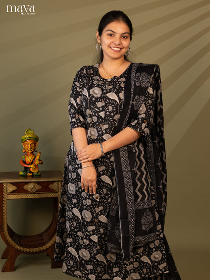 Black Cotton 3Pc Salwar Suit with Floral Print - Top, Bottom & Dupatta - Shop on Shrus.com