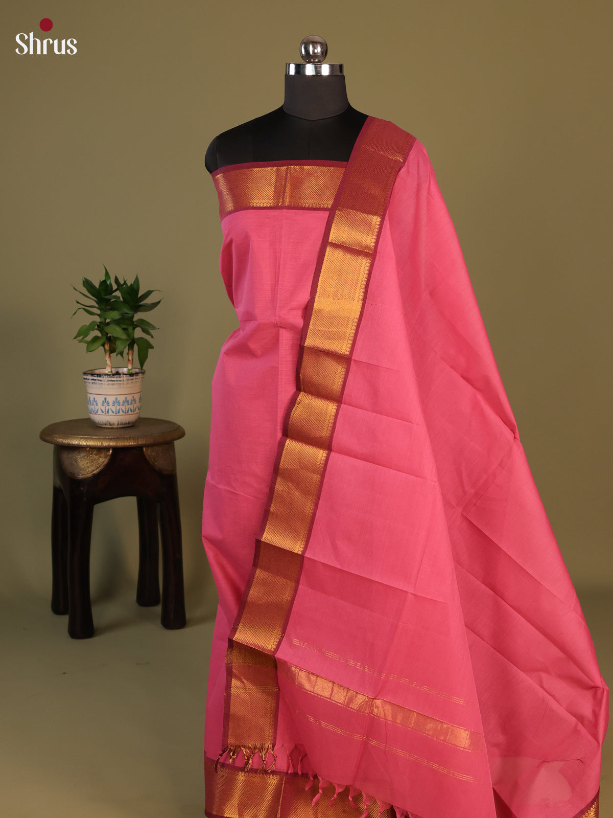 Pink & Maroon Chettinad Cotton Unstitched Top & Dupatta - MCL23039 - Shop on Shrus.com