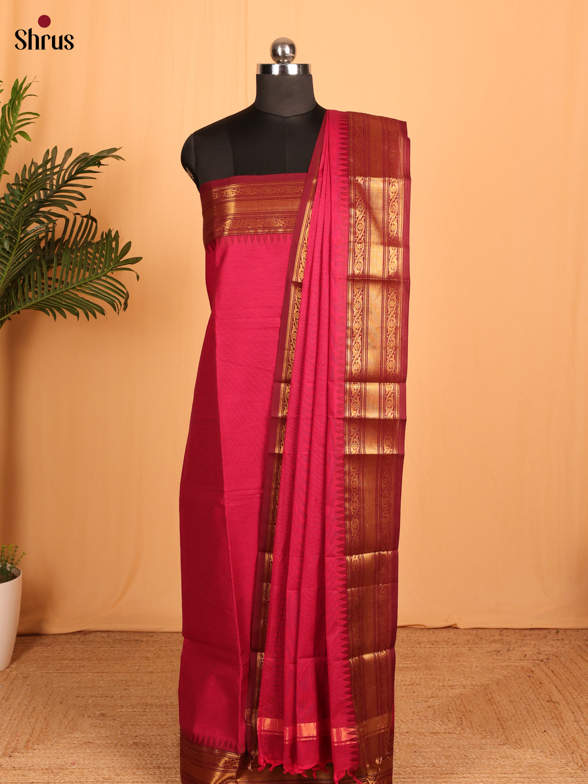 Pink & Maroon Chettinad Cotton Unstitched Top & Dupatta - MCL23040 - Shop on Shrus.com