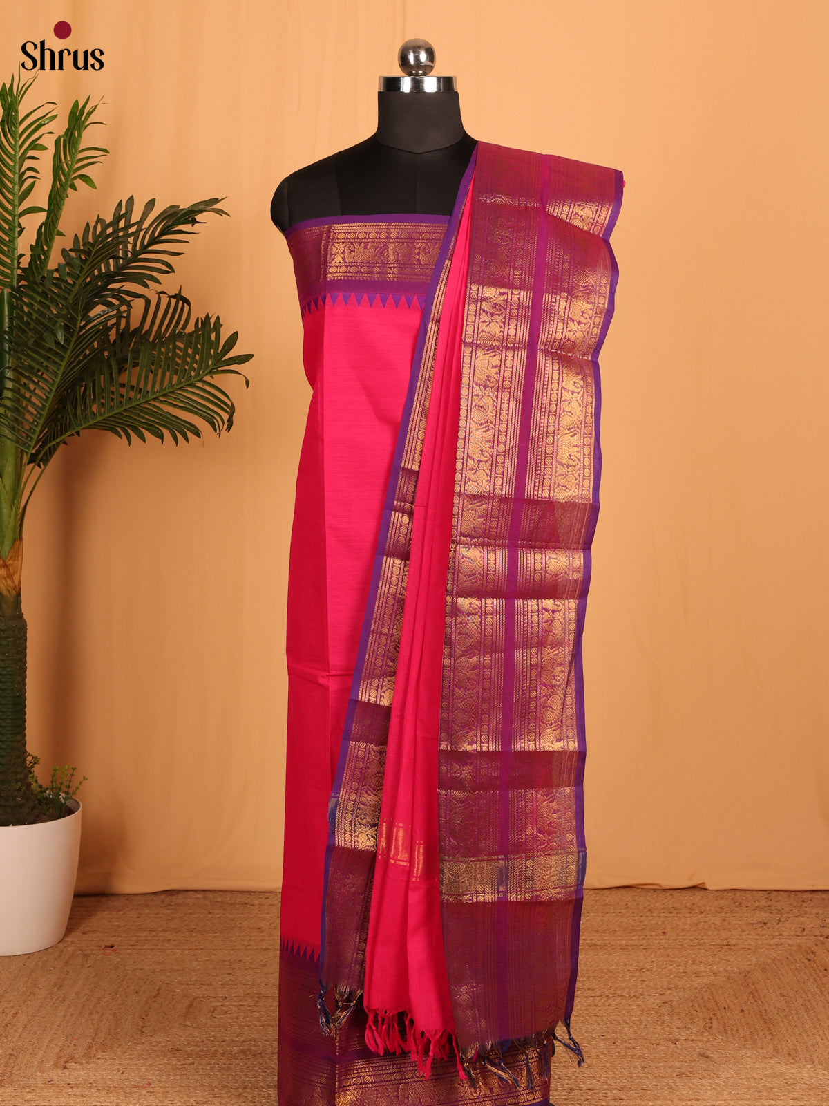 Pink with Violet Chettinad Cotton Unstitched Suit Set - Shop on Shrus.com