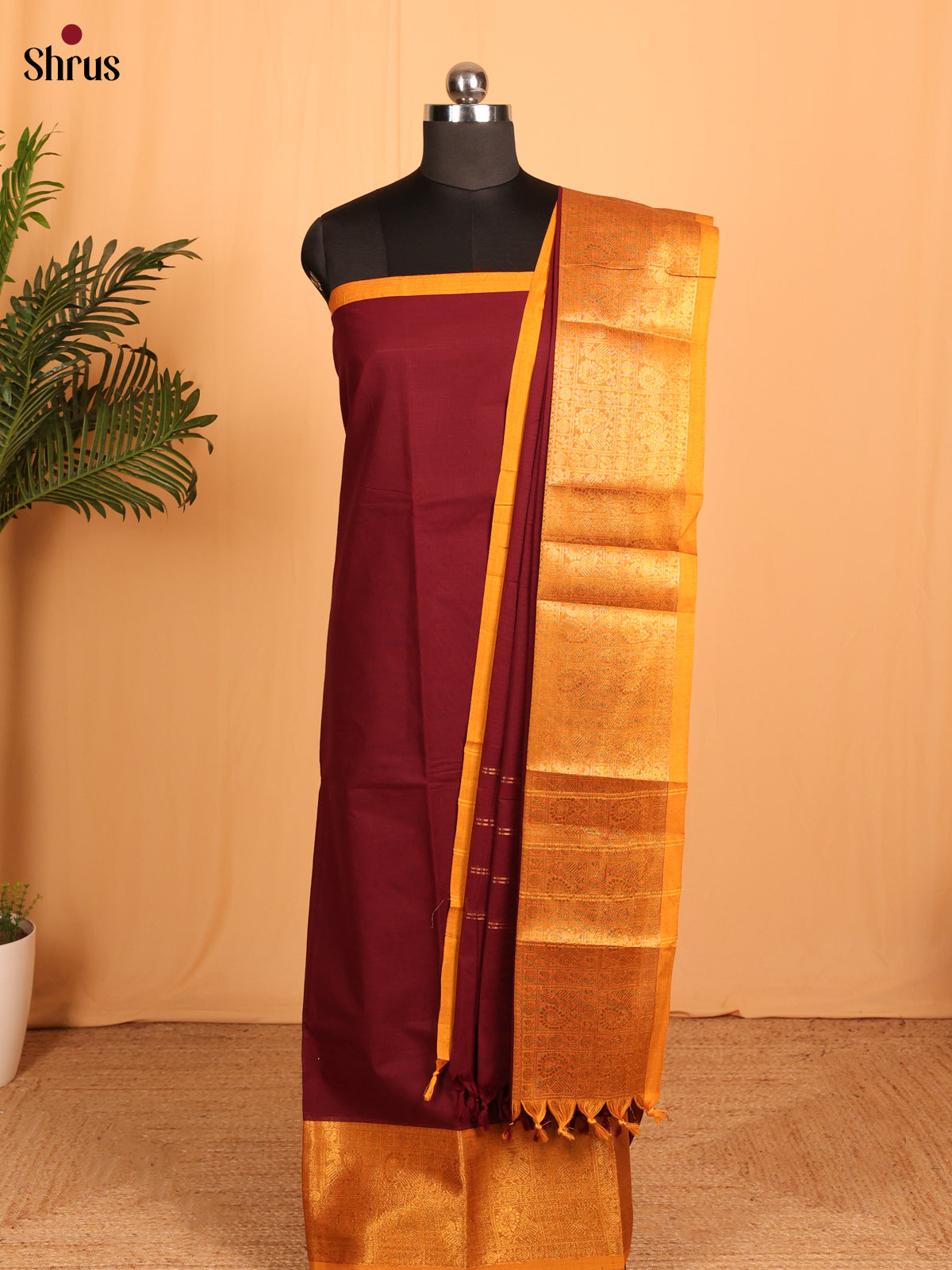 Maroon & Yellow Chettinad Cotton Unstitched Top & Dupatta - MCL23046 - Shop on Shrus.com