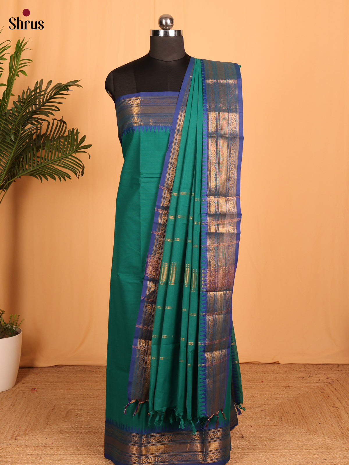 Green with Blue Chettinad Cotton Unstitched Suit Set - Shop on Shrus.com