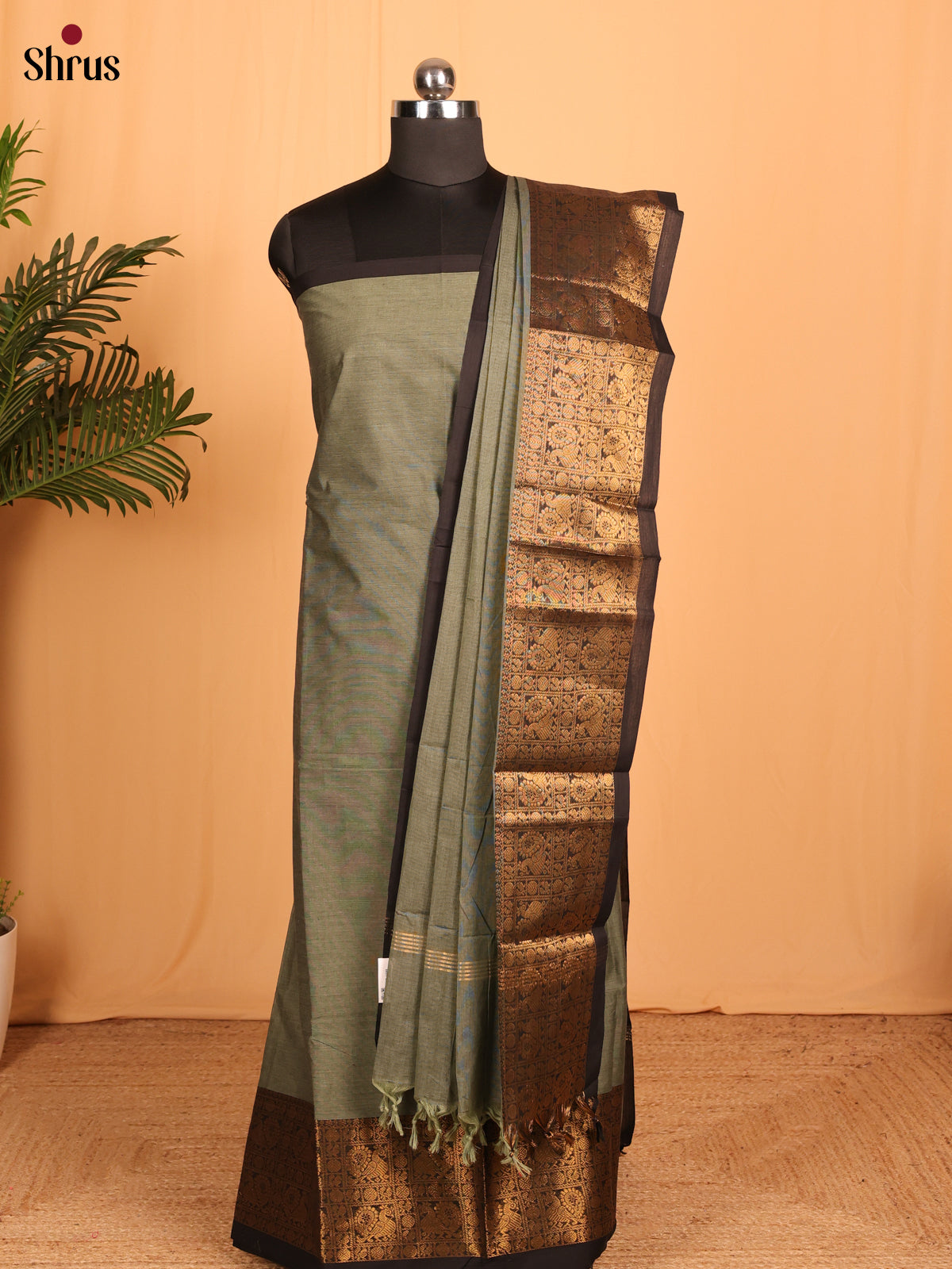 Grey with Black Chettinad Cotton Unstitched Suit set - Shop on Shrus.com