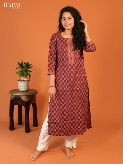 Ajrakh Printed Magenta Cotton Kurti - Shop on Shrus.com