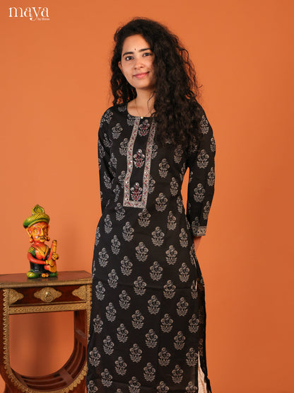 Black Floral Printed Cotton Kurti - Shop on Shrus.com