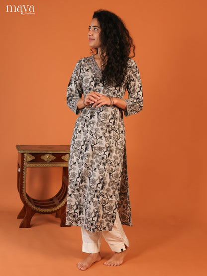 Grey Floral Printed Cotton Kurti - Shop on Shrus.com