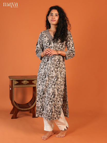 Grey Floral Printed Cotton Kurti - Shop on Shrus.com