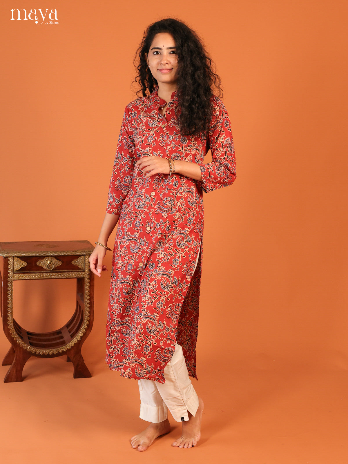 Maroon Floral Printed Cotton Kurti - Shop on Shrus.com