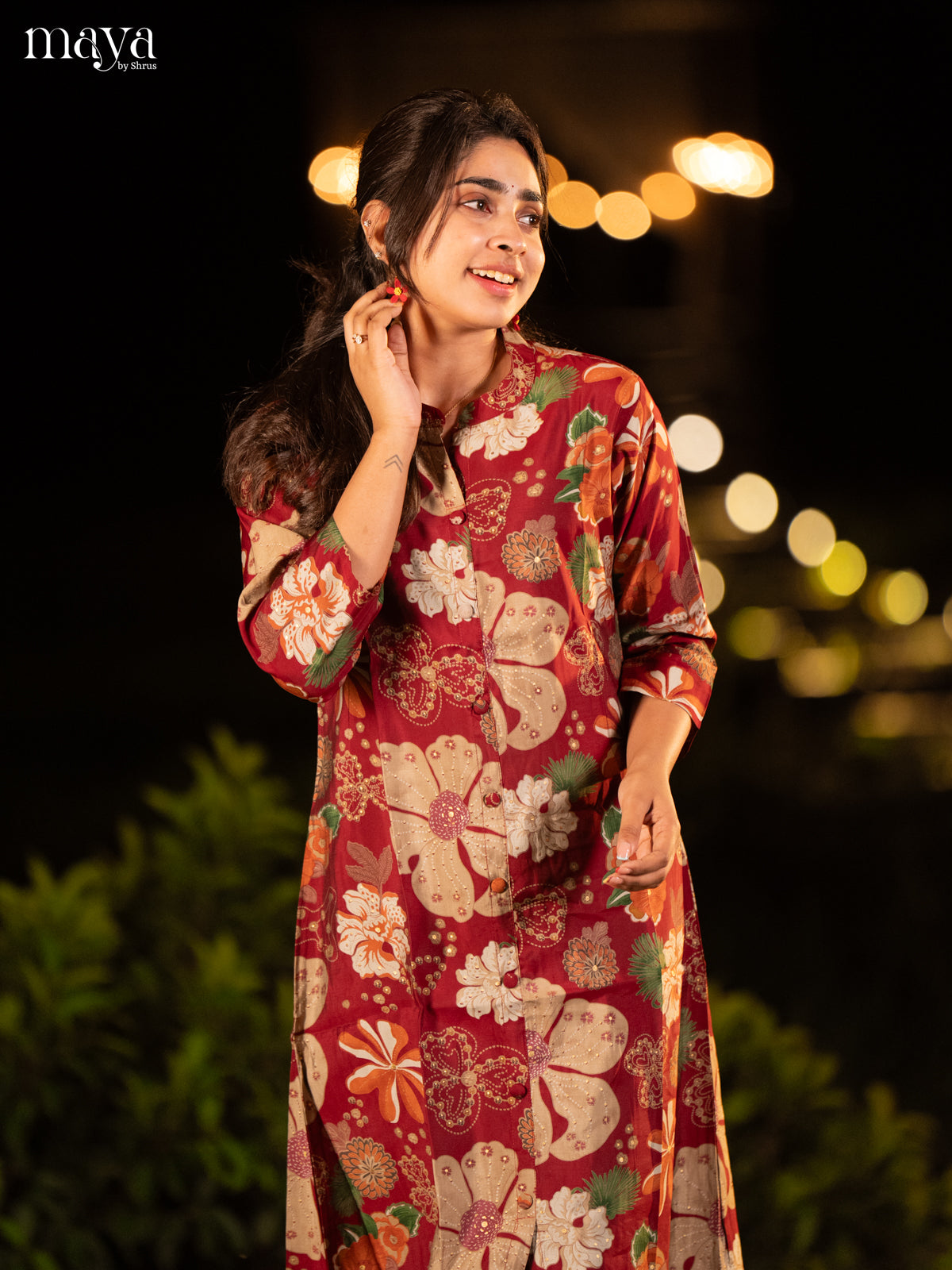 Floral Printed Maroon Rayon Kurti - Shop on Shrus.com