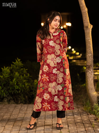 Floral Printed Maroon Rayon Kurti - Shop on Shrus.com