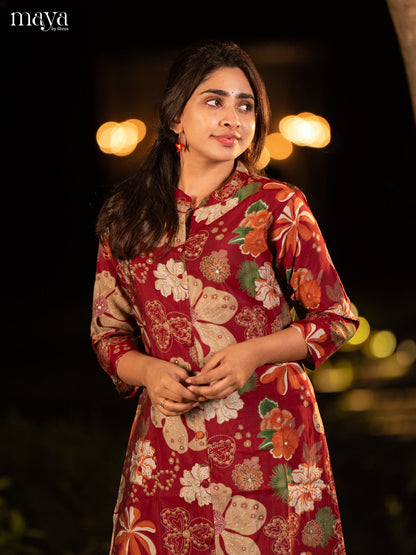 Floral Printed Maroon Rayon Kurti - Shop on Shrus.com