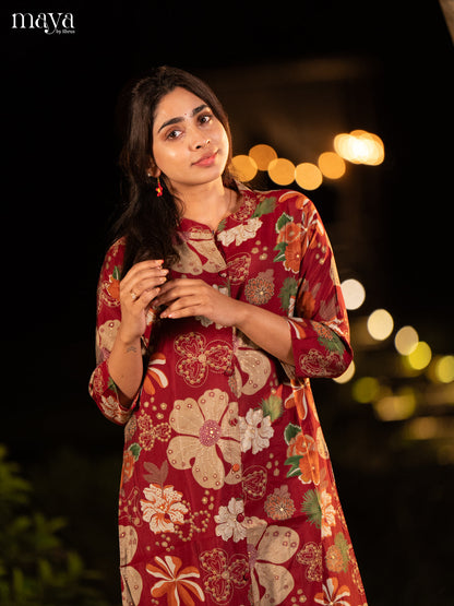 Floral Printed Maroon Rayon Kurti - Shop on Shrus.com