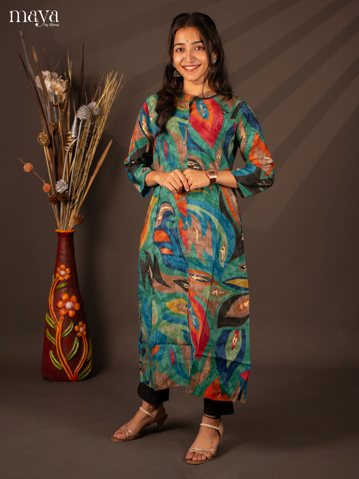 Multi Colour Floral Printed Rayon Kurti - Shop on Shrus.com
