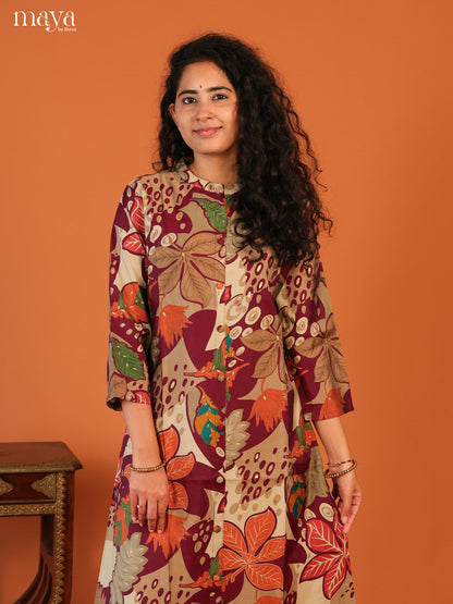 Floral Printed Maroon Rayon Kurti - Shop on Shrus.com