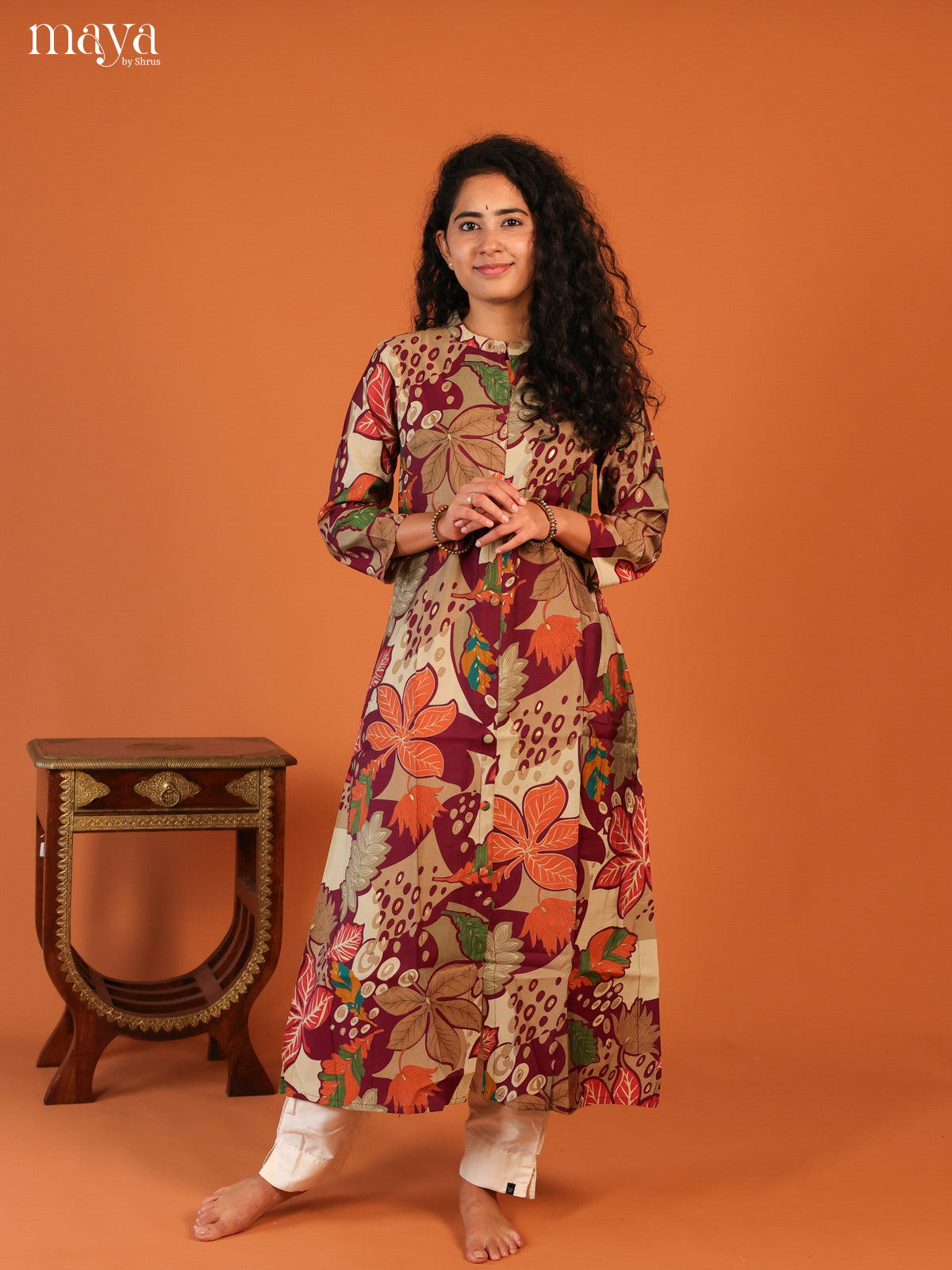 Floral Printed Maroon Rayon Kurti - Shop on Shrus.com