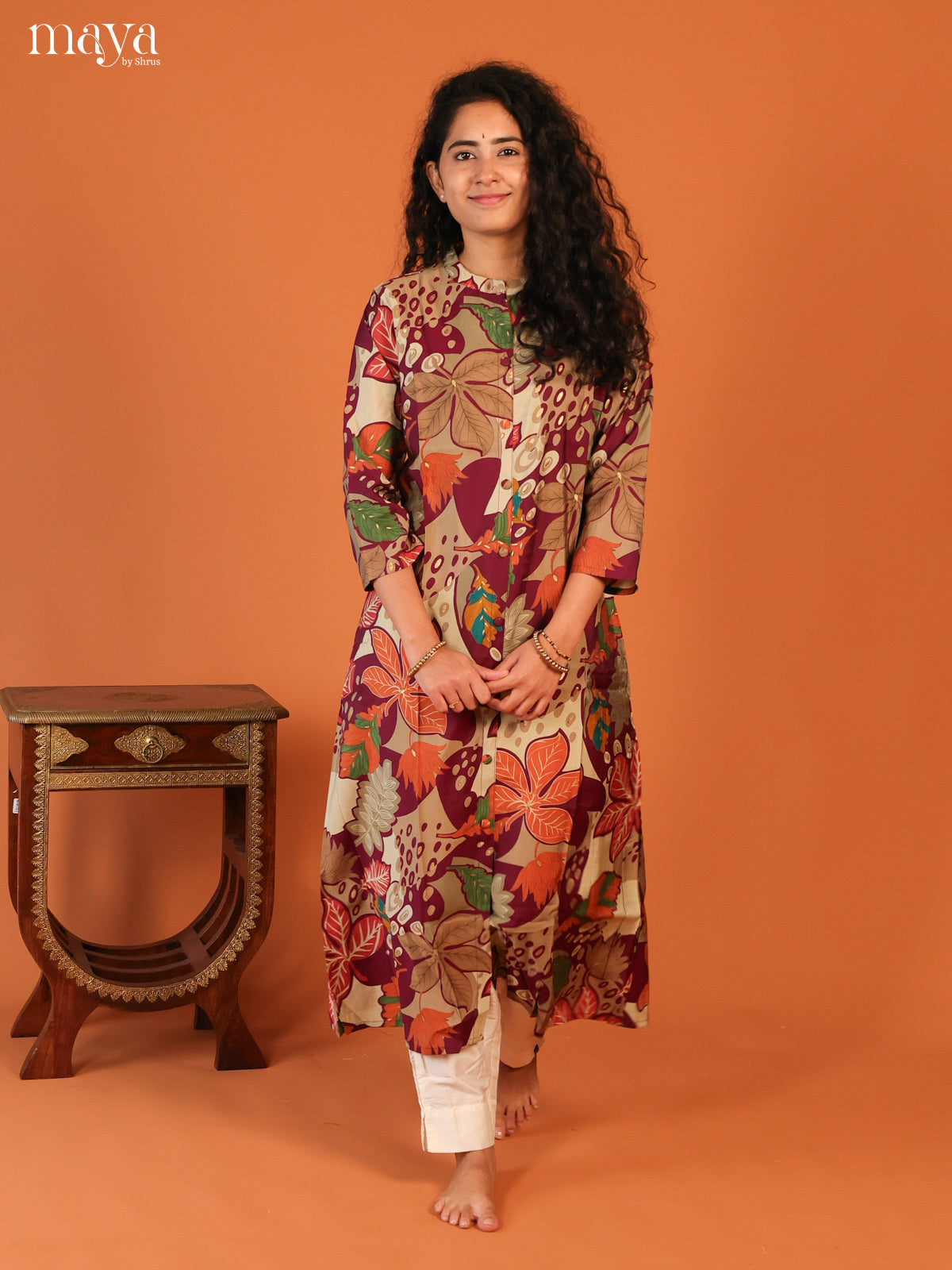Floral Printed Maroon Rayon Kurti - Shop on Shrus.com