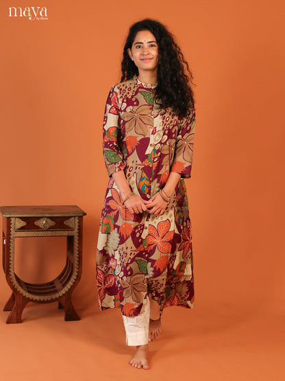 Floral Printed Maroon Rayon Kurti - Shop on Shrus.com