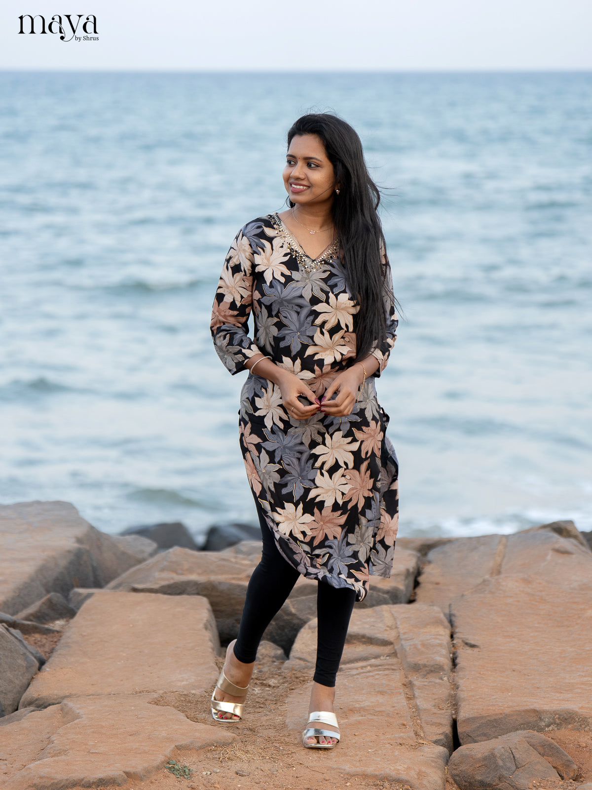 Black Floral Printed Rayon Kurti - Shop on Shrus.com