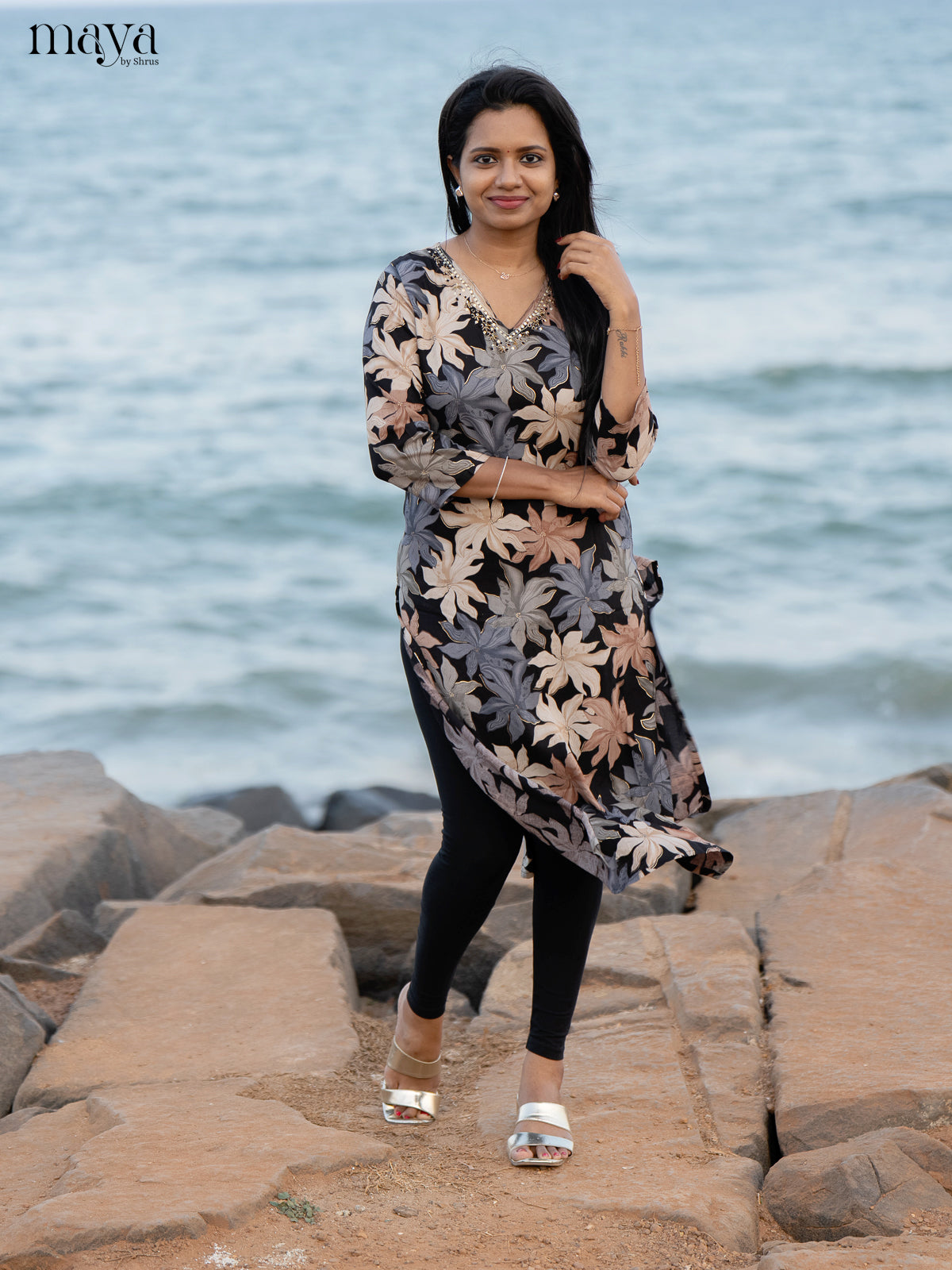 Black Floral Printed Rayon Kurti - Shop on Shrus.com