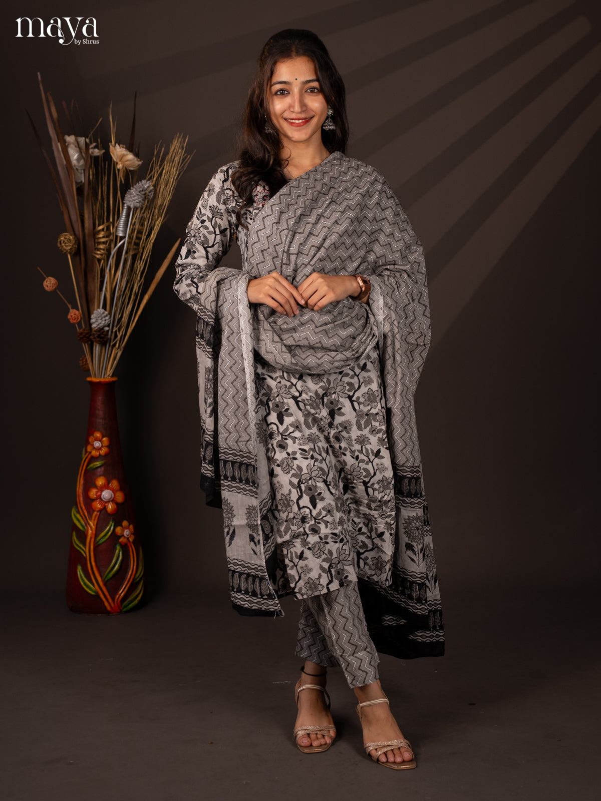 Grey Cotton 3Pc Salwar Suit with Floral Print - Top, Bottom & Dupatta - Shop on Shrus.com