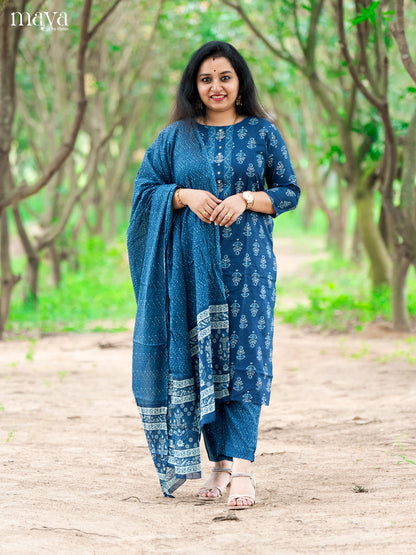 Blue Cotton 3Pc Salwar Suit Floral Print - Top, Bottom & Dupatta - Shop on Shrus.com
