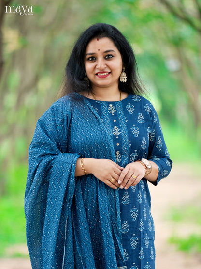 Blue Cotton 3Pc Salwar Suit Floral Print - Top, Bottom & Dupatta - Shop on Shrus.com