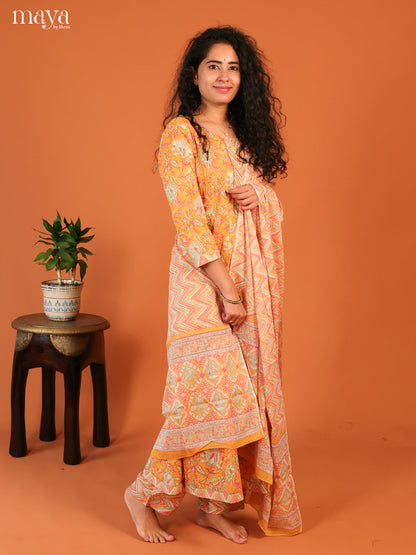 Yellow Cotton 3Pc Salwar Suit with Floral Print - Top, Bottom & Dupatta - Shop on Shrus.com