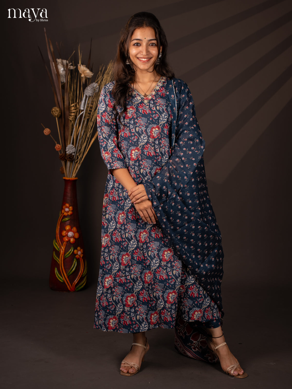 Blue Cotton 3Pc Salwar Suit with Floral Print - Top, Bottom & Dupatta - Shop on Shrus.com