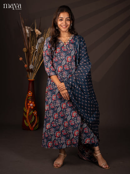 Blue Cotton 3Pc Salwar Suit with Floral Print - Top, Bottom & Dupatta - Shop on Shrus.com