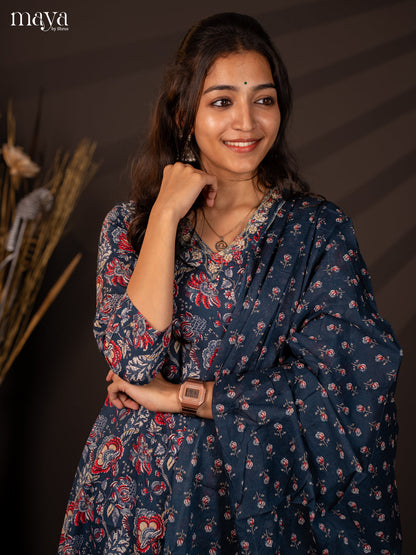 Blue Cotton 3Pc Salwar Suit with Floral Print - Top, Bottom & Dupatta - Shop on Shrus.com