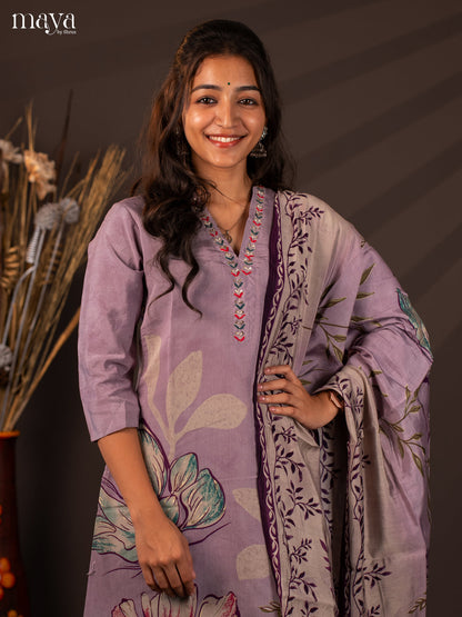 Lavender Rayon 3Pc Salwar Suit with Floral Print - Top, Bottom & Dupatta - Shop on Shrus.com