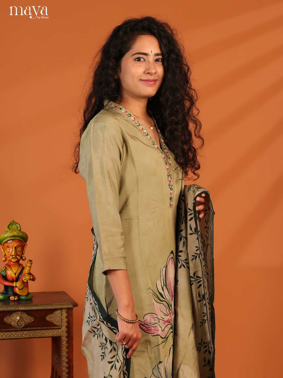 Green Rayon 3Pc Salwar Suit with Floral Print - Top, Bottom & Dupatta - Shop on Shrus.com